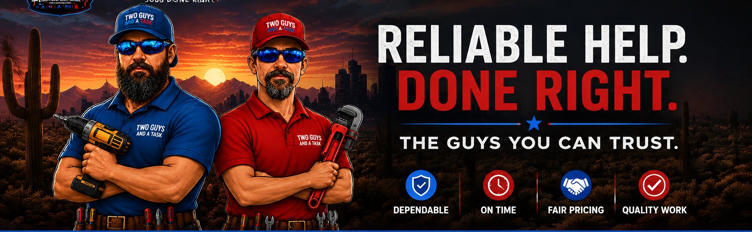 Two Guys and a Task final approved header with the unchanged blue-shirt and red-shirt characters, Arizona sunset, and Reliable Help Done Right message