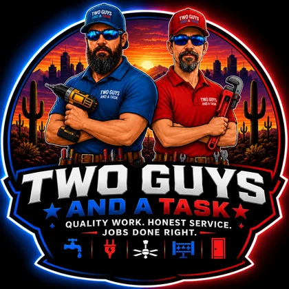 Two Guys and a Task logo with the approved blue-shirt and red-shirt characters